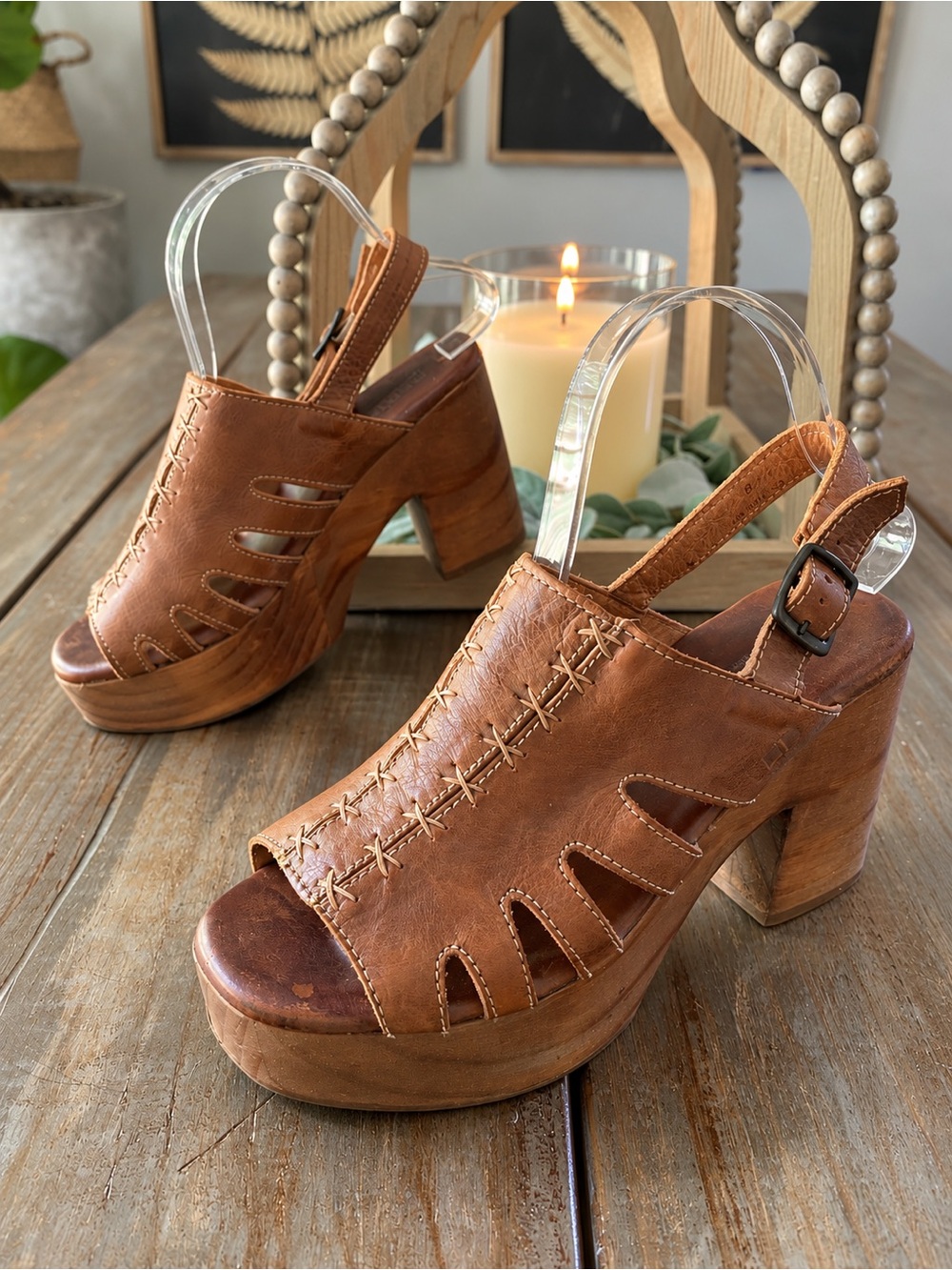 Bed Stu Fontella Boho Leather Cutout Platform Slingback Sandals Womens 8 Brown